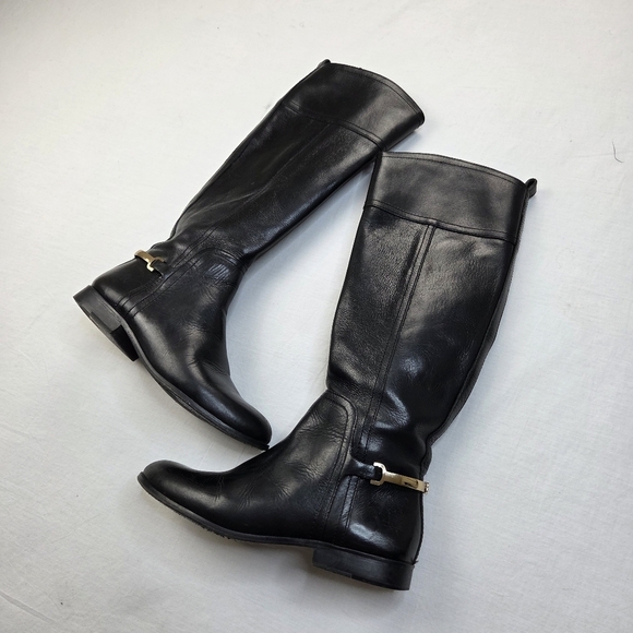 Tory Burch Shoes - Tory Burch Black Leather Riding Boots 7.5M Gold Logo Hardware Equestrian Tall